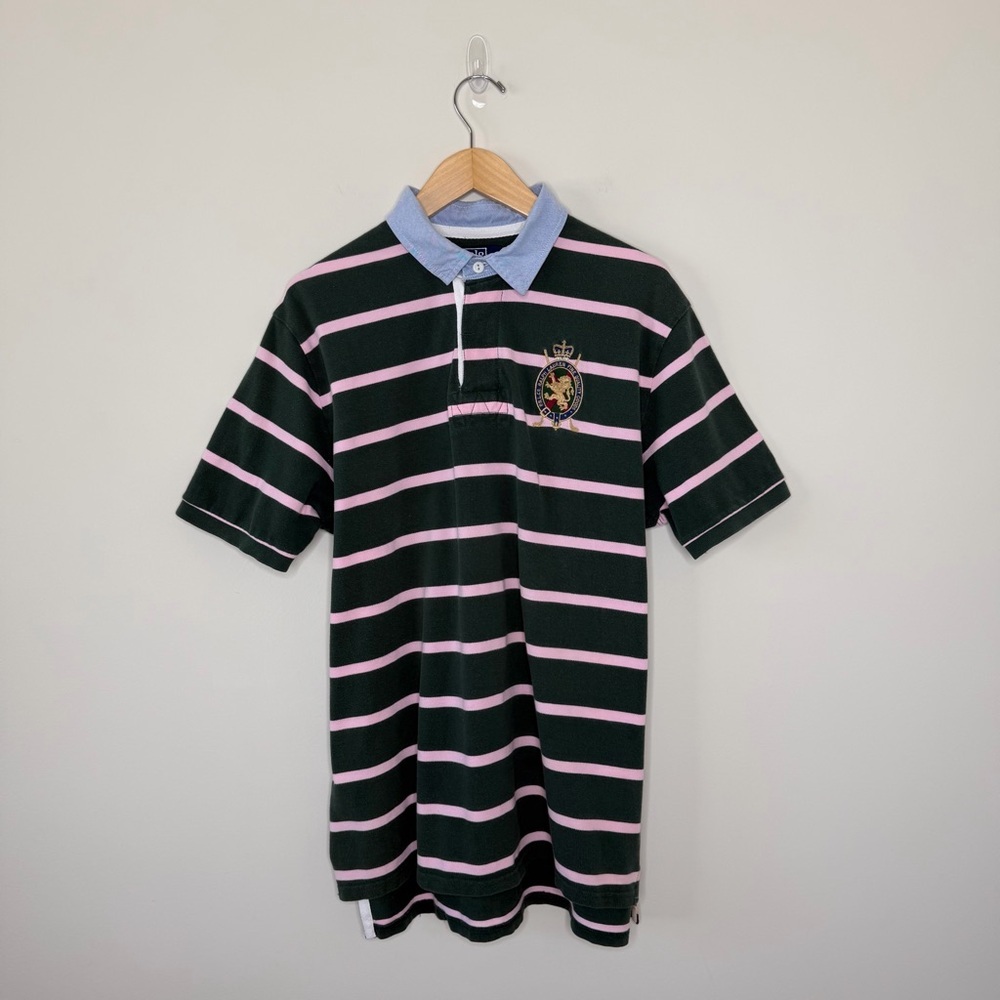 Polo Ralph Lauren Crest Striped Rugby Polo Green Pink Embroidered Logo Shirt - Picture 2 of 9